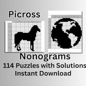 Könnte beinhalten: Schwarz-weiße Nonogramm-Rätsel mit einem Pferd und einem Globus. Der Text "Picross Nonograms 114 Puzzles with Solutions Instant Download" wird unter den Bildern angezeigt.