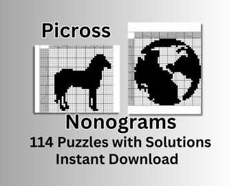 114 Medium to Hard Picross Puzzles – Printable Nonogram Logic Games | Griddlers & Hanjie Brain Teasers | Instant Download PDF
