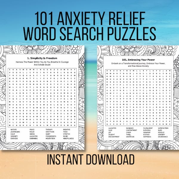 101 Angst Relief Wortsuchrätsel, Selbstfürsorge Rätsel, druckbare Wortsuchrätsel, sofortiger Download, druckbare Puzzleseiten