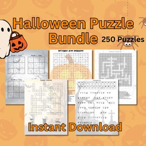 K&ouml;nnte beinhalten: Ein Halloween-R&auml;tselpaket mit 250 R&auml;tseln, das verschiedene Arbeitsbl&auml;tter wie Wortsuchr&auml;tsel, Kreuzwortr&auml;tsel und Kryptogramme enth&auml;lt. Die Sammlung zeigt einen wei&szlig;en Geist, einen K&uuml;rbis und eine Spinne auf orangefarbenem Grund.