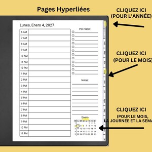 May include: A digital planner interface displaying a daily schedule for Monday, January 4, 2027, with hourly slots from 6 AM to 11 PM, a to-do list, notes section, and a monthly calendar. The right side features hyperlinked tabs for navigation.