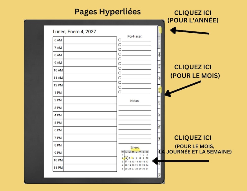May include: A digital planner interface displaying a daily schedule for Monday, January 4, 2027, with hourly slots from 6 AM to 11 PM, a to-do list, notes section, and a monthly calendar. The right side features hyperlinked tabs for navigation.