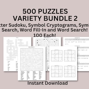 Pacote de Variedades de 500 Quebra-cabeças, Sudoku de Letras, Busca de Símbolos, Criptogramas de Símbolos, Quebra-cabeças de Preenchimento de Palavras, Quebra-cabeças de Busca de Palavras, Download Instantâneo