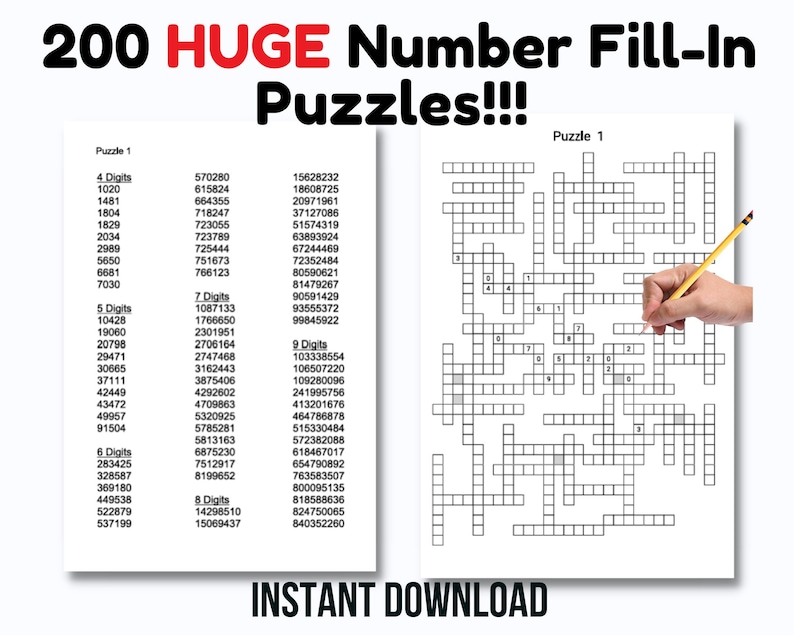 200 HUGE Two Page Printable Number Fill in Puzzle Pages for Adults, Large Print Easy to Read ...