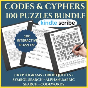 Può includere: Un pacchetto di 100 puzzle interattivi per Kindle Scribe, tra cui crittogrammi e citazioni. L'immagine mostra una persona che usa uno stilo su un puzzle. Il testo dice "Codes & Cyphers".