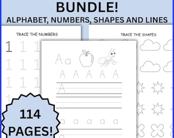 Tracing Worksheets Bundle,  Letters, Numbers, Lines, Shapes (PDF Digital Download)