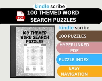 Può includere: Un download digitale di 100 cruciverba tematici. L'immagine di copertina mostra un esempio di cruciverba con il titolo "Animali africani" e una griglia di lettere. Il testo "kindle scribe" appare negli angoli in alto a sinistra e in alto a destra dell'immagine. Il testo "100 Puzzles", "Hyperlinked PDF", "Puzzle Index", "Easy Navigation" appare in una colonna sul lato destro dell'immagine.