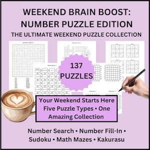 Puede incluir: Una colección de 137 acertijos numéricos titulada WEEKEND BRAIN BOOST: NUMBER PUZZLE EDITION. El conjunto incluye búsqueda de números, completar números, sudoku, laberintos matemáticos y kakurasu. Una taza de café con arte latte de corazón.