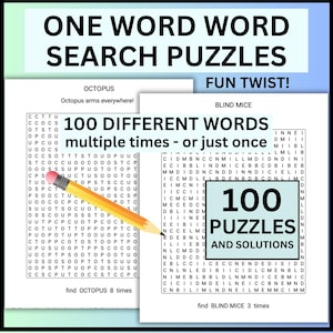 Puede incluir: Imagen colorida de rompecabezas de búsqueda de palabras con el texto "ONE WORD SEARCH PUZZLES" en la parte superior. La imagen incluye dos rompecabezas de búsqueda de palabras, uno con la palabra "OCTOPUS" y otro con "BLIND MICE". Un lápiz apunta a los rompecabezas.
