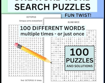 One Word Search Puzzles: 100 Unique Printable Challenges (PDF Download)