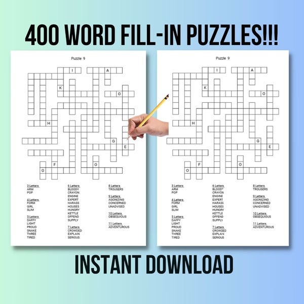 400 Printable Word Fill In Puzzle Pages For Adults, Large Print Easy To Read Fill In Word Crossword Puzzles, Instant Digital Download