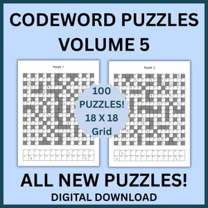 Może przedstawiać: Cyfrowy plik do pobrania Codeword Puzzles Volume 5, zawierający 100 łamigłówek na siatce 18 x 18. Obraz przedstawia dwie białe karty z łamigłówkami z czarno-białymi kwadratami, cyframi i literami, za niebieską grafiką w kształcie gwiazdy z tekstem.