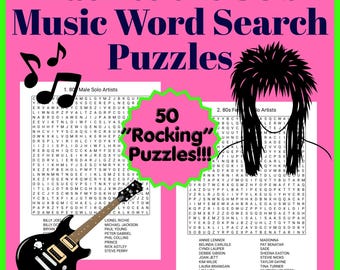 Woordzoekpuzzel uit de jaren 80 muziek, 50 puzzels muziekthema, hits uit de jaren 80, afdrukbare woordzoekpuzzels