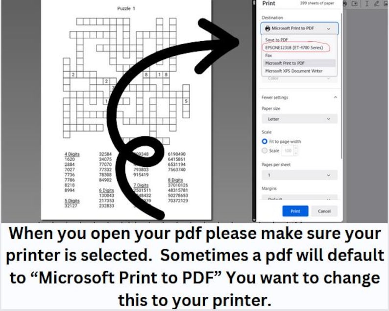 Op de afbeelding: Een screenshot van een computerscherm dat een afdrukdialoogvenster toont. Het dialoogvenster toont de optie om op te slaan als PDF en een printer te selecteren. De geselecteerde printer is "EPSONE12318 (ET-4700 Series)". De tekst "Wanneer u uw PDF-bestand opent, zorg er dan voor dat uw printer is geselecteerd. Soms wordt een PDF-bestand standaard afgedrukt met "Microsoft Print to PDF". U wilt dit wijzigen naar uw printer." wordt onder de screenshot weergegeven.