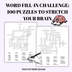 Puede incluir: Una descarga digital con dos crucigramas para desafíos de completar palabras. La imagen incluye el texto "WORD FILL-IN CHALLENGE: 100 PUZZLES TO STRETCH YOUR BRAIN" y "INSTANT DOWNLOAD". También hay un cerebro de dibujos animados con gafas.