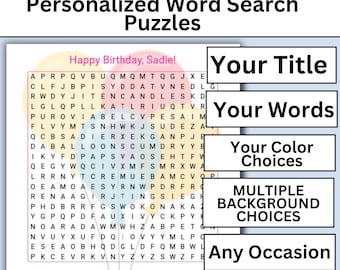 Puede incluir: Una hoja de sopa de letras personalizada titulada Happy Birthday, Sadie! que presenta una cuadrícula de letras, una lista de palabras que incluye Adam, August, Balloons, Cake, Grandma, Grandpa, Happy, Jessica, Party, Penny, Presents y Sadie, con globos.
