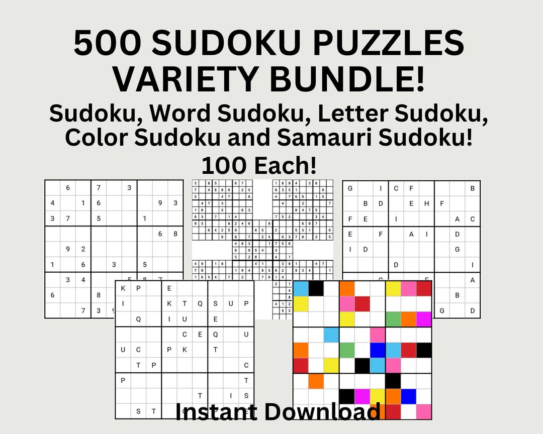 500 Sudoku Puzzle Variety Bundle - Word, Letter, Color, Samurai Sudoku ...