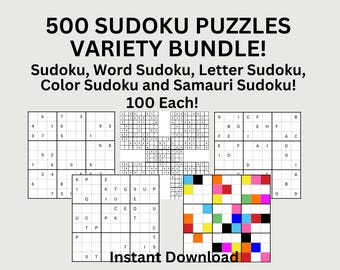 Paquete variado de 500 Sudokus: palabras, letras, colores y sudoku samurái (PDF de descarga instantánea)