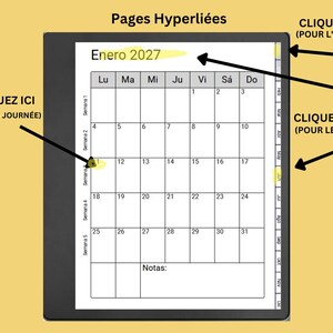 May include: A digital planner interface for January 2027 featuring a monthly calendar grid with Spanish headers. The layout includes interactive tabs on the right side and arrows pointing to clickable areas labeled Pages Hyperli&eacute;es, CLIQUEZ ICI.