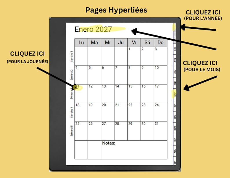 May include: A digital planner interface for January 2027 featuring a monthly calendar grid with Spanish headers. The layout includes interactive tabs on the right side and arrows pointing to clickable areas labeled Pages Hyperli&eacute;es, CLIQUEZ ICI.