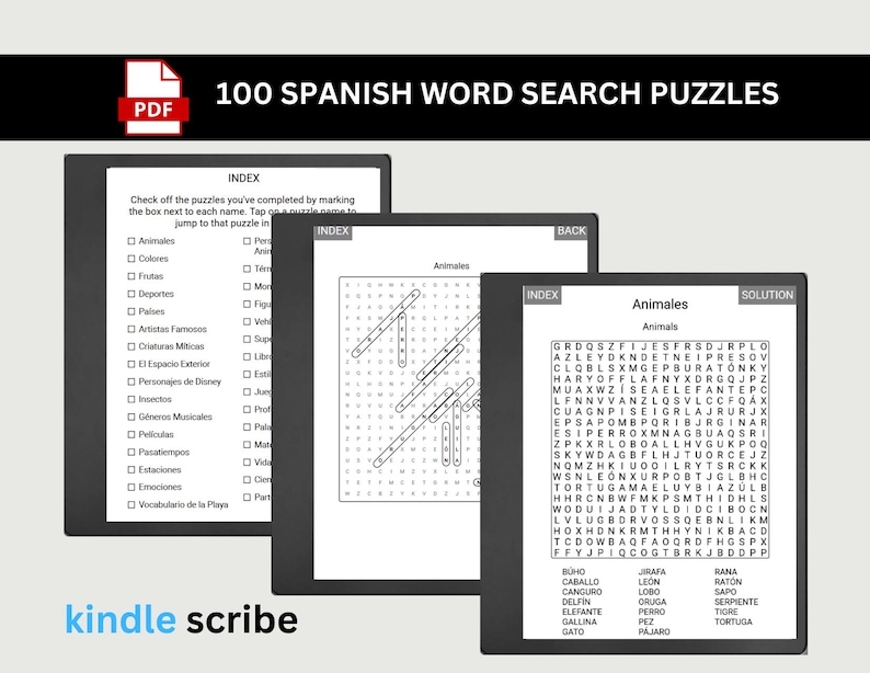 Op de afbeelding: Een zwart-witte afbeelding van een Kindle e-reader die de omslag van een woordzoekerboek laat zien. De omslag heeft de tekst "100 Spanish Word Search Puzzles" in wit op een zwarte achtergrond. De afbeelding toont ook een voorbeeldpuzzelpagina met de titel "Animales" en een rooster met letters.