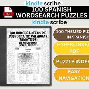 Op de afbeelding: Een zwart-witte digitale boekomslag met de titel "100 Spanish Wordsearch Puzzles" in witte tekst. De omslag bevat ook een kleiner beeld van een PDF-bestandspictogram. De boekomslag is omgeven door een gele, oranje en bruine rand met de tekst "100 Themed Puzzles in Spanish", "Hyperlinked PDF", "Puzzle Index" en "Easy Navigation" in witte tekst.