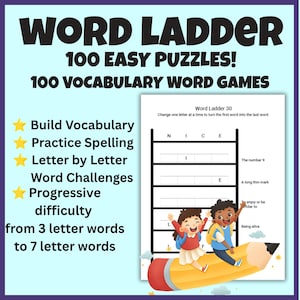 100 Word Ladder Puzzles for Kids | Printable Vocabulary Worksheets | Letter Change Word Games | Spelling Practice | Homeschool Activity