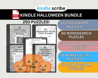 May include: A digital download bundle of 250 Halloween-themed puzzles for Kindle. The bundle includes 50 crossword puzzles, 50 word search puzzles, 50 word scramble puzzles, 50 word fill-in puzzles, and 50 cryptogram puzzles. The image shows a preview of the puzzles and a graphic of three pumpkins.