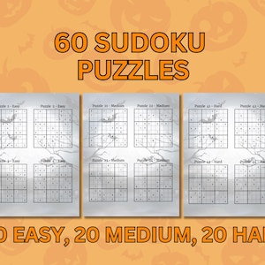 K&ouml;nnte beinhalten: Eine Sammlung von 60 Sudoku-R&auml;tseln auf drei Seiten mit orangefarbenem Hintergrund und K&uuml;rbissilhouetten. Die Seiten enthalten 20 leichte, 20 mittelschwere und 20 schwere R&auml;tsel, die jeweils mit Schwierigkeitsgrad und Nummer versehen sind.