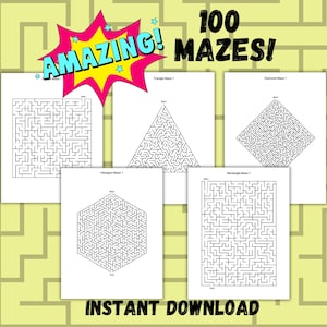 May include: A collection of 100 mazes in various shapes, including square, triangle, diamond, hexagon, and rectangle. The word "AMAZING!" is in a pink and yellow burst, and the words "100 MAZES!" are in black. The phrase "INSTANT DOWNLOAD" is at the bottom.