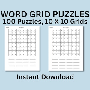 Könnte beinhalten: Ein druckbarer Satz von 100 Wortsuchrätseln, jedes mit einem 10x10-Raster. Das Bild zeigt zwei Beispielrätsel mit den Worten "Word Grid 1" und "Word Grid 2" oben.
