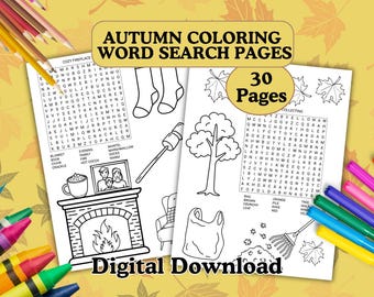 May include: A digital download of autumn-themed coloring word search pages. The image shows two pages with word search puzzles and illustrations of cozy fireplace, tree, and other fall-related images. The text on the image says "Autumn Coloring Word Search Pages" and "Digital Download".