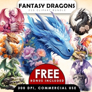 Zestaw clipartów Fantasy Dragons, akwarelowy smok, grafika smoków, mistyczne stworzenia, smok PNG, clipart bajkowy, ilustracja smoka, smok