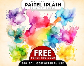 May include: A collection of 55 watercolor pastel splashes in various colors, including purple, pink, orange, yellow, green, blue, and red. The image includes the text "Watercolor Pastel Splash 55 Clipart Bundle" and "Free Bonus Included".