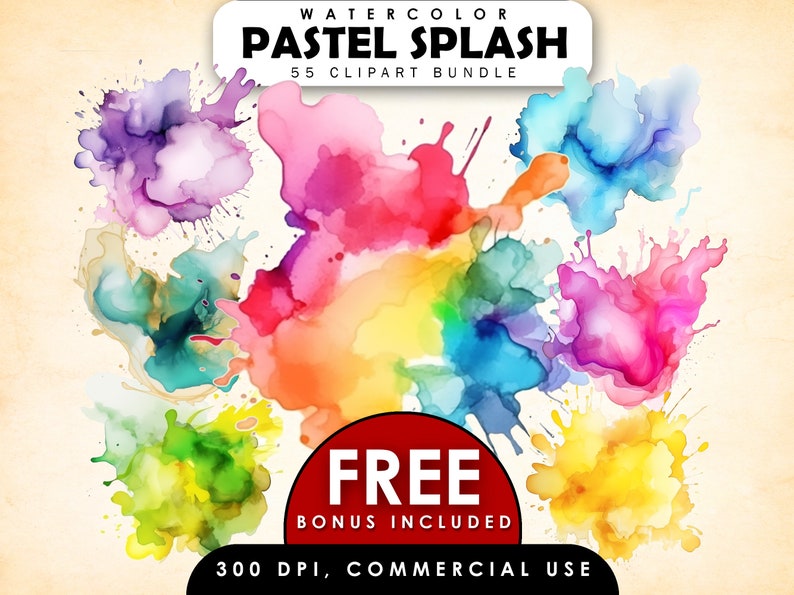 May include: A collection of 55 watercolor pastel splashes in various colors, including purple, pink, orange, yellow, green, blue, and red. The image includes the text "Watercolor Pastel Splash 55 Clipart Bundle" and "Free Bonus Included".
