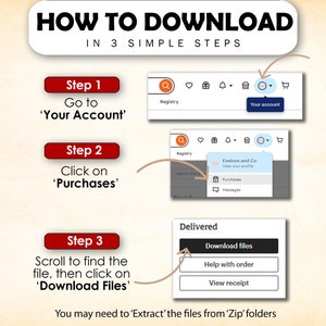 May include: A step-by-step guide on how to download files from your account. The guide shows a computer screen with a red, white, and blue color scheme. The steps are: 1. Go to 'Your Account', 2. Click on 'Purchases', 3. Scroll to find the file, then click on 'Download Files'.