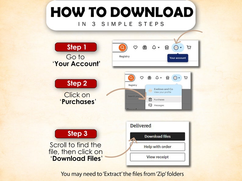 May include: A step-by-step guide on how to download files from your account. The guide shows a computer screen with a red, white, and blue color scheme. The steps are: 1. Go to 'Your Account', 2. Click on 'Purchases', 3. Scroll to find the file, then click on 'Download Files'.