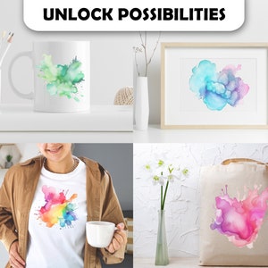 May include: Four different products featuring watercolor splatter designs. A white ceramic mug with a green splatter design, a framed print with a blue and purple splatter design, a white t-shirt with a rainbow splatter design, and a canvas tote bag with a pink and purple splatter design.