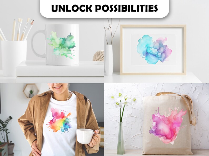 May include: Four different products featuring watercolor splatter designs. A white ceramic mug with a green splatter design, a framed print with a blue and purple splatter design, a white t-shirt with a rainbow splatter design, and a canvas tote bag with a pink and purple splatter design.