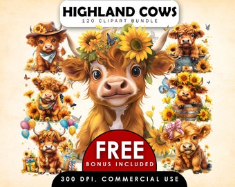 Highland Cow Clipart Bundle,Sunflower Cow,Floral Highland Cow,Jumping Highland Cow,Highland Cow in Bucket,Highland Cow in Flower Pot,Cow PNG