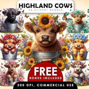 Highland Cow Clipart Bundle,Sunflower Cow,Floral Highland Cow,Highland Cow in Bucket,Highland Cow in Flower Pot,Cow PNG,Baby Highland PNG