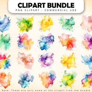 May include: A set of 20 watercolor clipart images in various colors, including blue, green, yellow, orange, red, and purple. The images are in the shape of splatters and blobs. PNG clipart for commercial use.