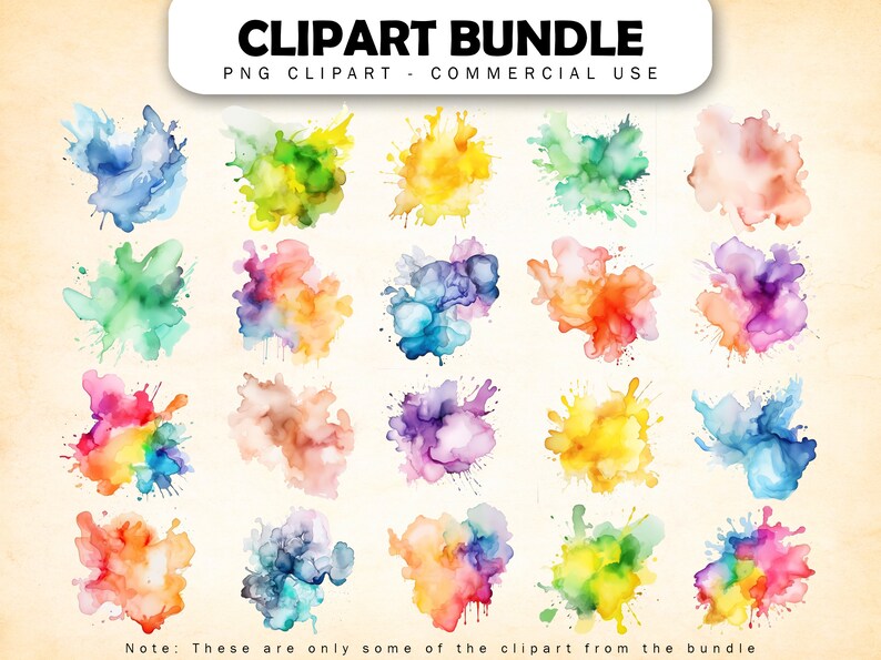 May include: A set of 20 watercolor clipart images in various colors, including blue, green, yellow, orange, red, and purple. The images are in the shape of splatters and blobs. PNG clipart for commercial use.