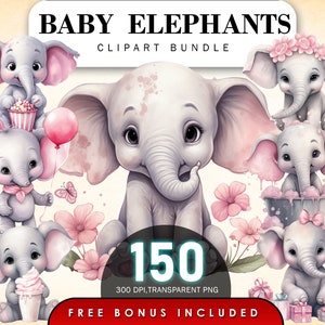 Baby Elephant Clipart Bundle,Lovely Baby Elephants,Little Elephant Clipart,Watercolor Cute Elephant Clipart,Nursery Elephant Clipart