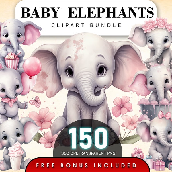 Baby Elephant Clipart Bundle,Lovely Baby Elephants,Little Elephant Clipart,Watercolor Cute Elephant Clipart,Nursery Elephant Clipart
