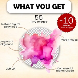 May include: A digital download of 65 high-resolution (4096 x 4096 pixels) pink watercolor PNG images with transparent backgrounds. The images are 300 DPI and can be used for commercial purposes.