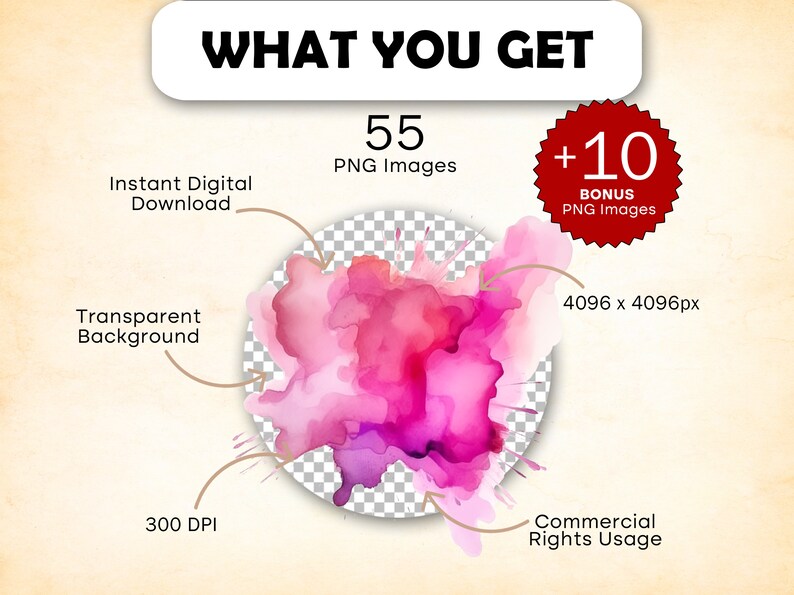 May include: A digital download of 65 high-resolution (4096 x 4096 pixels) pink watercolor PNG images with transparent backgrounds. The images are 300 DPI and can be used for commercial purposes.