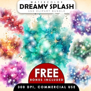 Verträumte Aquarell Spritzer Clipart Bundle, Aquarell Splatter Clipart, Element Clipart, Spritzer Hintergrund, Farbspritzer PNG, Hintergrund PNG