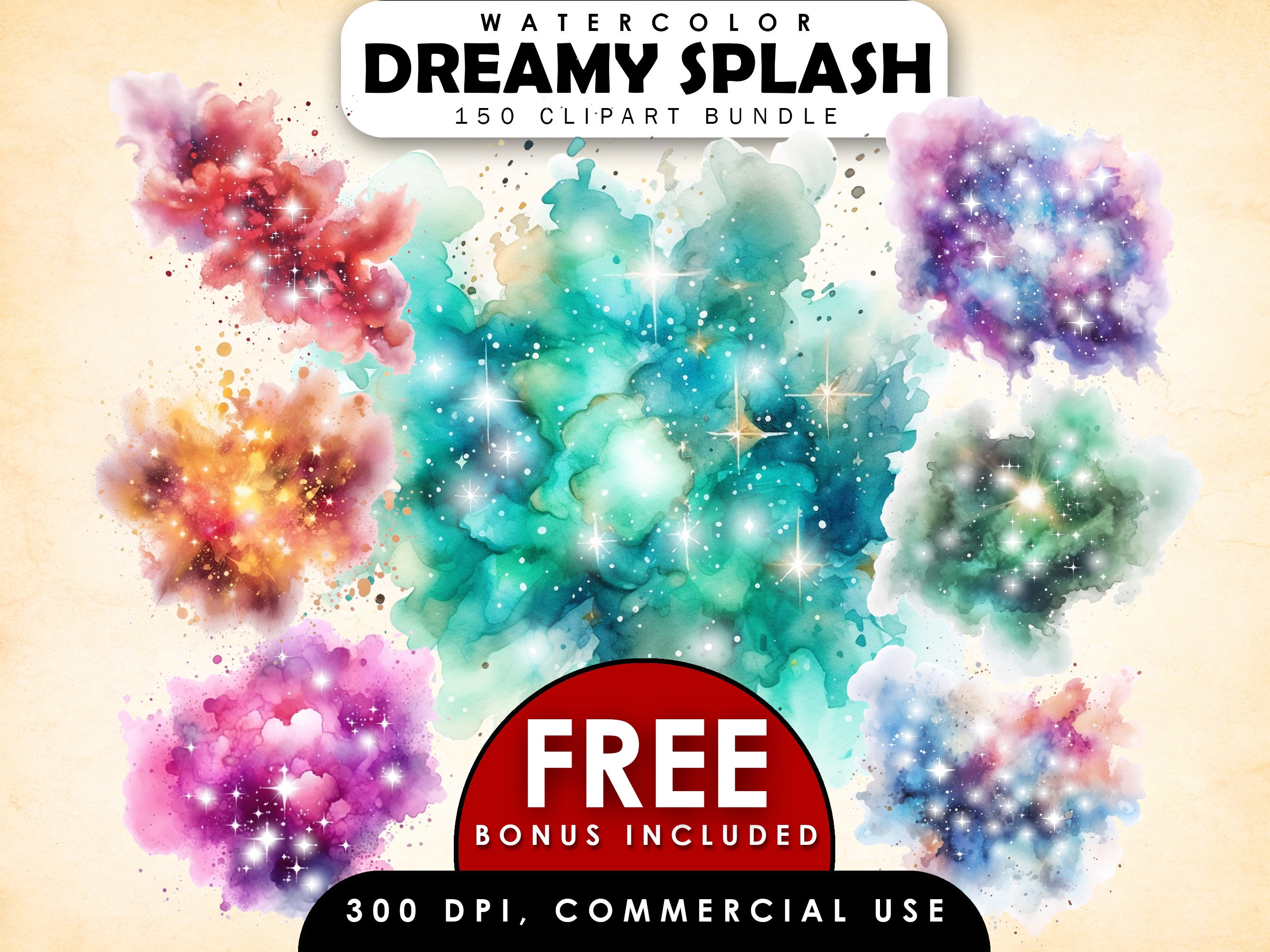 Dreamy Watercolor Splashes Clipart Bundle,Watercolor Splatter Clipart,Element Clipart,Splashes Background,Paint Splatter PNG,Background PNG