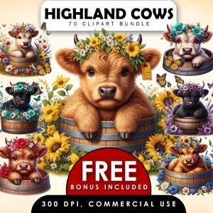 Highland Cow Clipart Bundle,Floral Highland Cow,Highland Cow in Bucket,Highland Cow Barrel,Cow PNG,Baby Highland PNG,Nursery Decor,Cute Cows